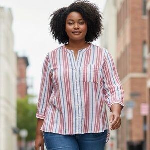 LOFT Striped Button-Front Shirt - Red, Blue, White, size large